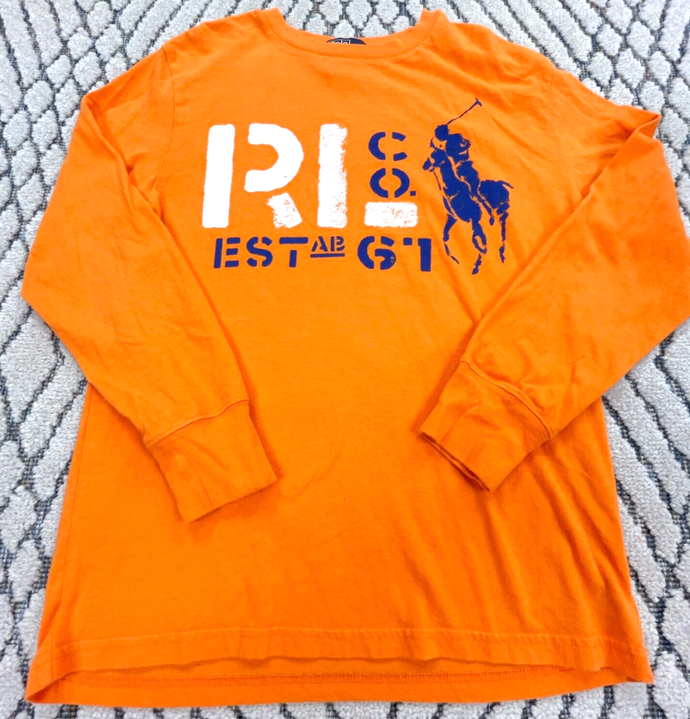 Polo Ralph Lauren vintage camicia ragazzo media arancione blu maglietta Big Pony Preppy Y2K