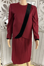 Vtg Sasson Maroon Wool Blend Suit Skirt Set Size 8 Black Velvet Edging