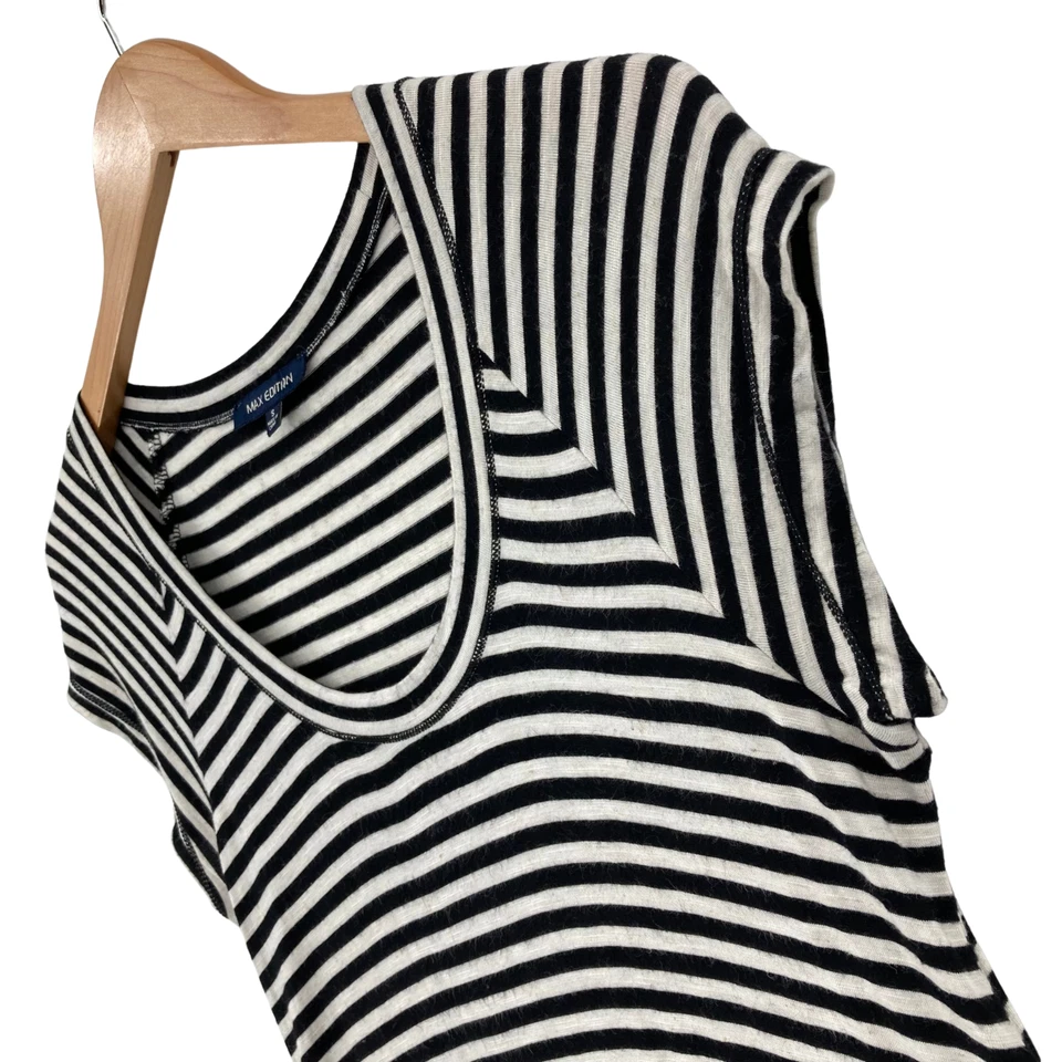 Top largo para mujer Max Edition blanco y negro a rayas mezcla de lino rayón talla pequeña Foto 3 de 4