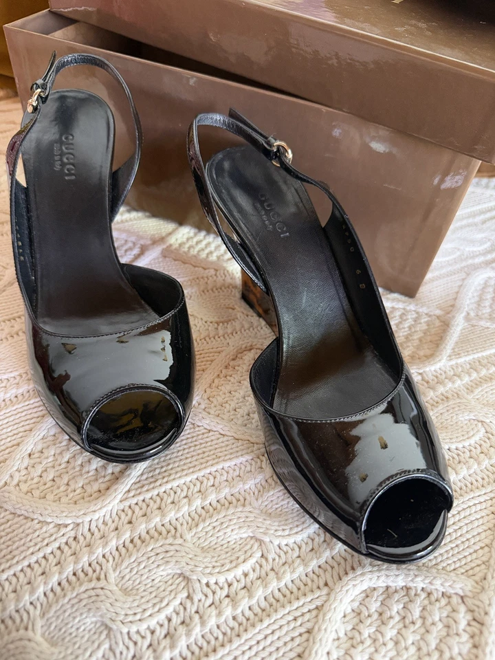 Gucci Black Patent Leather Slingback Shoes Sandals. Tortoise Wedges Size 36 - Image 4 of 4