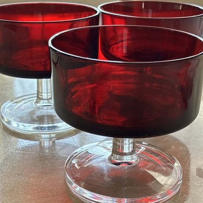 Luminarc France Ruby Red Footed Glass Dessert Cups Set of 3 Vtg 1970s EUC