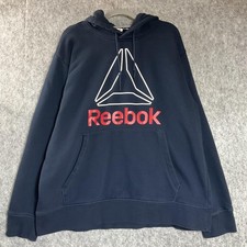 Reebok Hoodie Mens 2XL Navy Blue Fleece Pullover Sweatshirt Big Logo Graphic