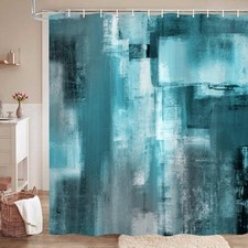 Teal Abstract Oil Shower Curtain, Modern Art Blue Grey Painting Fabric