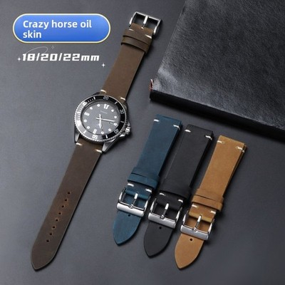 Retro Crazy Horse Genuine Leather Watch Straps Mens Solid Buckle Band 18/20/22mm