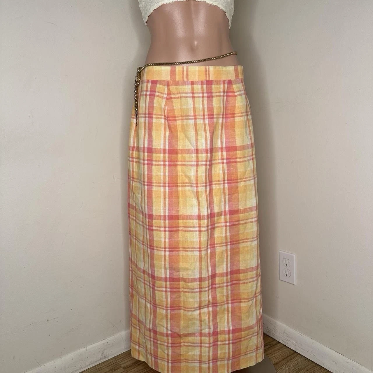 Yellow Plaid Summer Long Linen Skirt Size 10 30" 32"