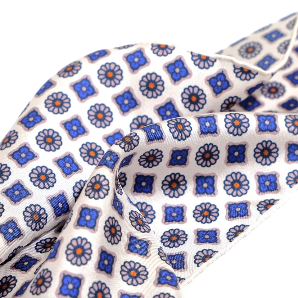 Men's 100% Silk White Blue Micro Floral Pocket Square Hand Rolled Wedding 11.8" - Image 3 of 4