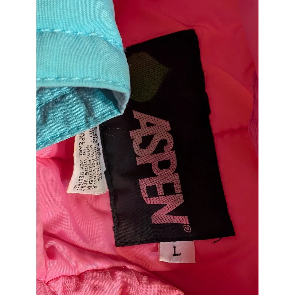 Chaqueta de esquí retro Aspen años 80 rosa crema verde azulado bloque de color acolchado cremallera completa talla L Foto 3 de 4