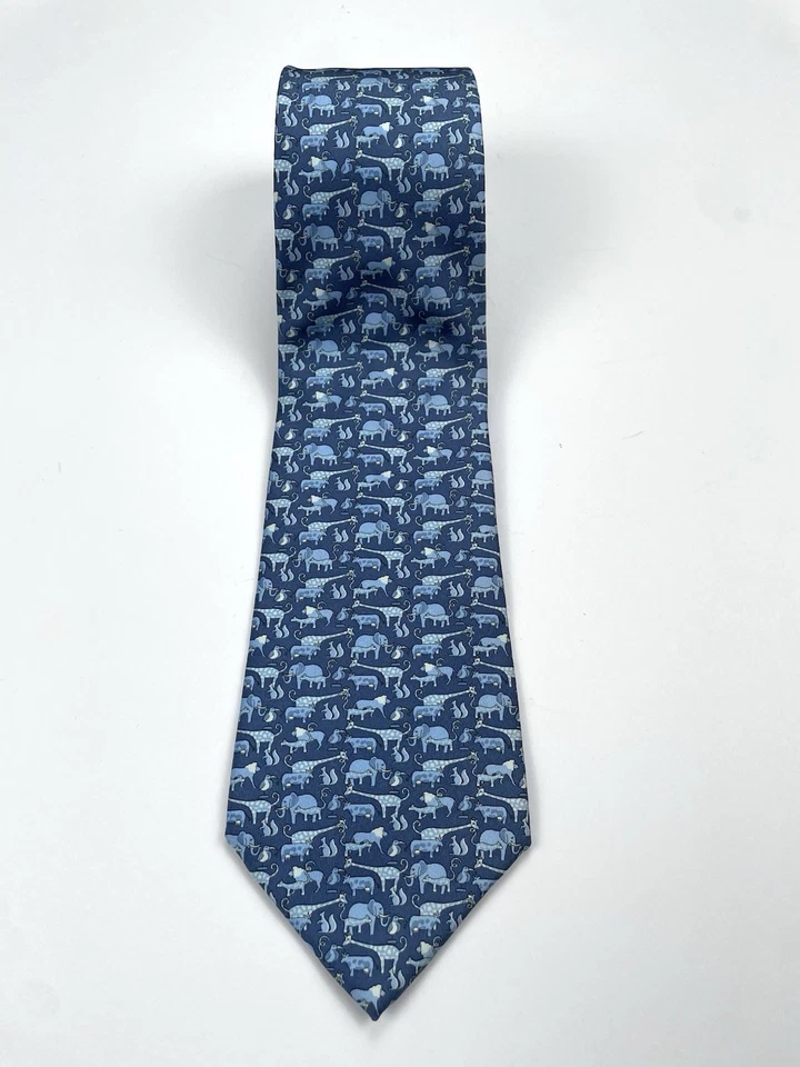 Corbata para hombre Salvatore Ferragamo 100 % seda azul elefante estampado animal hecha en Italia Foto 2 de 4