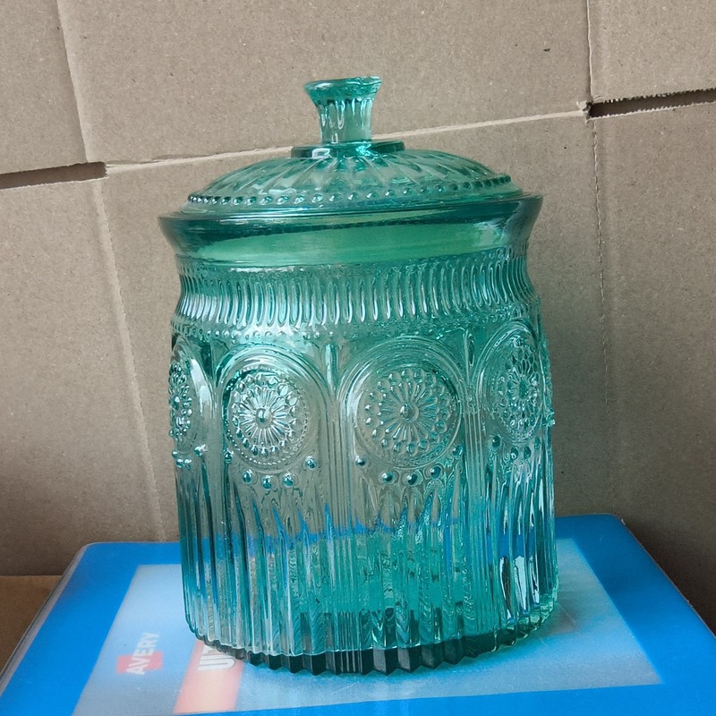 Pioneer Woman Turquoise Pressed Glass Jar w/ Handle Lid Large 10" x 6.5"