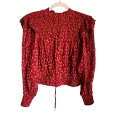 Free People Shirt XS Red Women's Roma Smocked Short Blouse Semi Sheer
