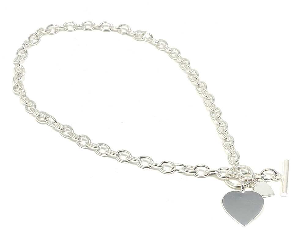 Sterling Silver Designer Style Necklace Double Heart Tags with Bar Ring Fasten