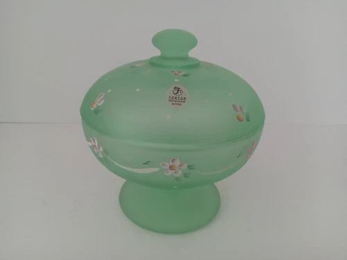 Vintage Green Satin Glass Candy Dish w Lid Round Floral Rare Original Fenton VTG
