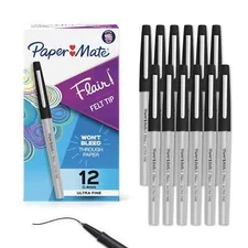 Paper Mate Flair Felt Tip Pens Ultra Fine Point 0.4mm Black 12 Count