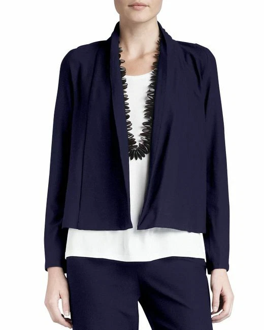 Eileen Fisher Ink Navy Washable Stretch Crepe Short Jacket w Yoke