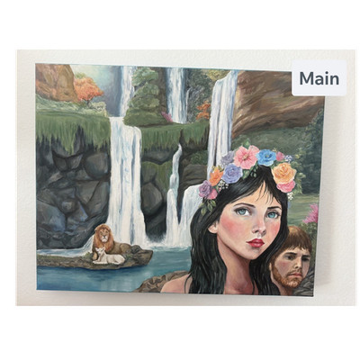 Adam and Eve Realism Acrylic Painting, Waterfall, Lion, Lamb, Nature Art