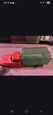 Red Pickup Truck Diecast Vehicle with Green Plastic Box Trailer Maybe Hubley