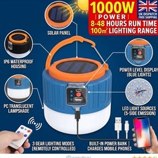 LED Camping Lantern Solar Rechargeable 1000W Emergency Light Phone Charger Power