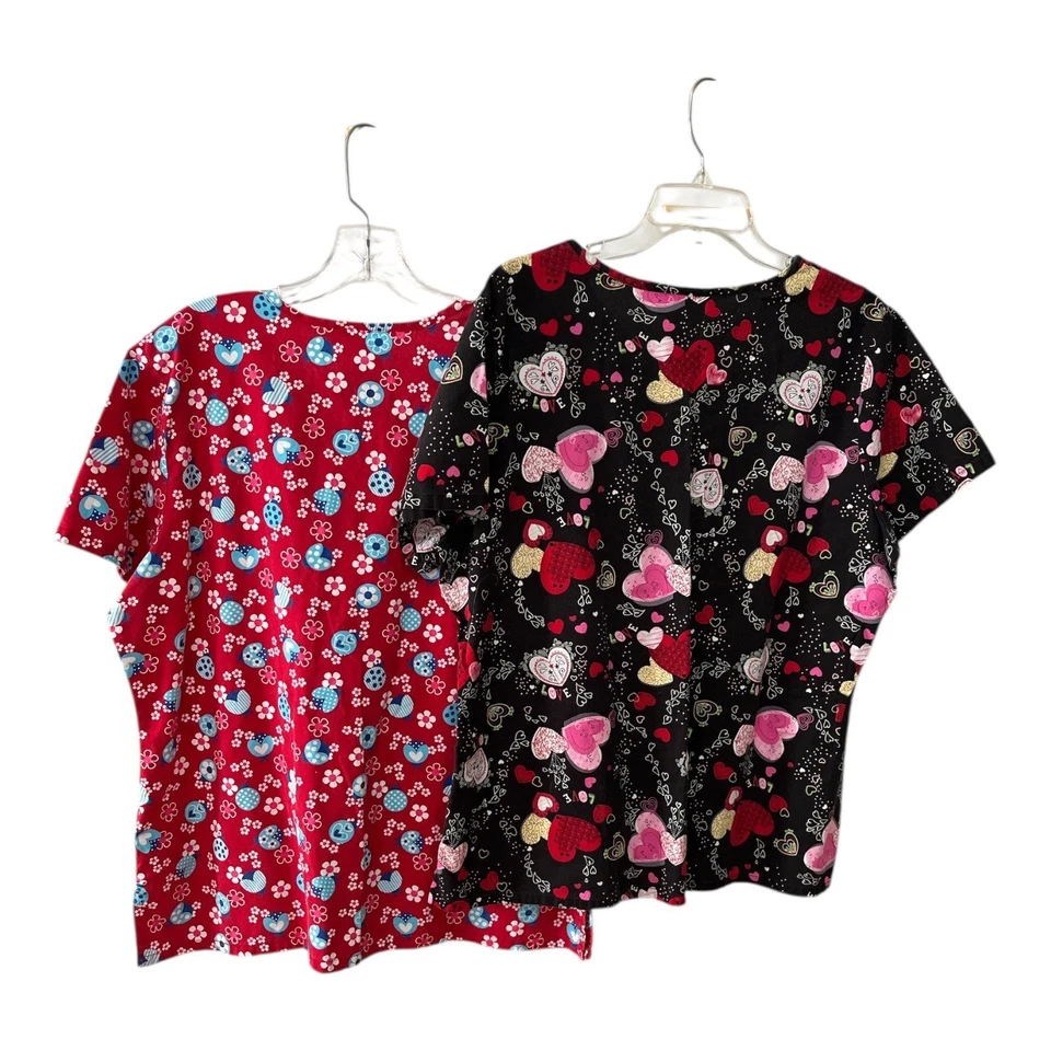 SB Scrubs Women’s Size L Lot of 2 V-Neck Tops – Red Ladybugs & Black Hearts - Image 3 of 4