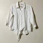 Chicos Button Up Shirt No Iron Linen 3/4 Sleeve Tie Front White Size 1 (8) NWOT