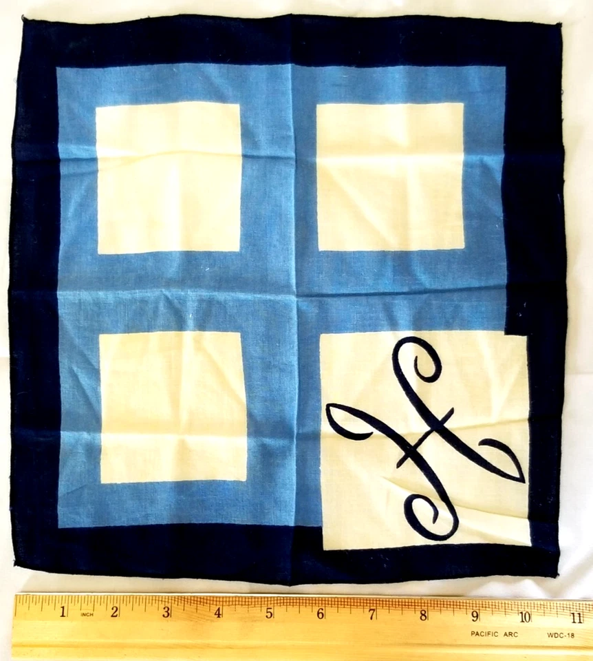 1920s Monogram Letter H Blue White Cocktail Handkerchief Hanky Art Deco Mens VTG - Image 3 of 4