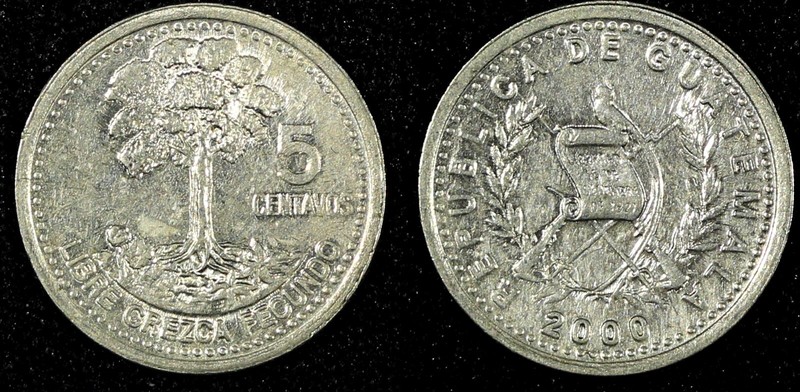 GUATEMALA Copper-Nickel  2000 5 Centavos Guatemala City Mint XF KM# 276.6 (679)
