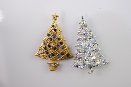 Christmas Tree Pin With Rhinestone Gold Silver Tone Brooch Pair - Picture 4 of 4