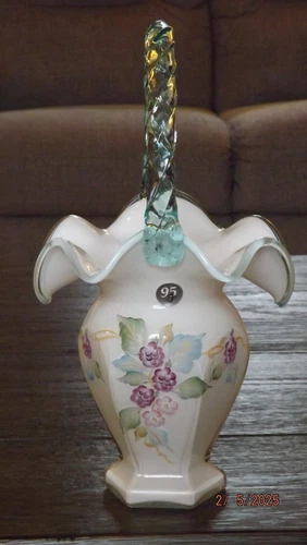 FENTON Hand Painted WHITE and TURQUOISE Floral BASKET