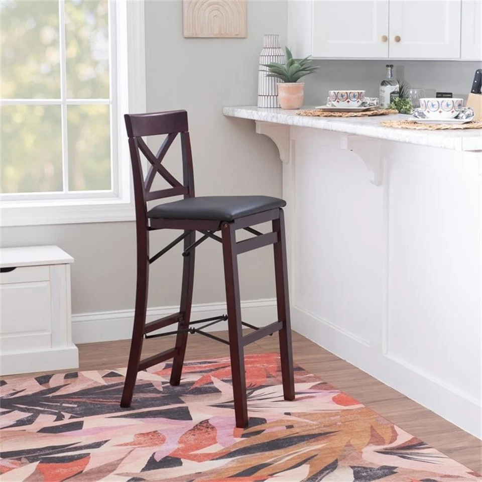 Linon Triena X-Back Folding 30" Bar Stool Brown Faux Leather Seat in Merlot Wood - Image 3 of 4