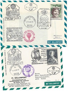 2 Ballonpostbelege Pro Juventute 41. Ballonpost Österreich 1969
