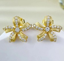 2Ct Round Cut Real Moissanite 14k Yellow Gold Plated Womens Flower Stud Earrings