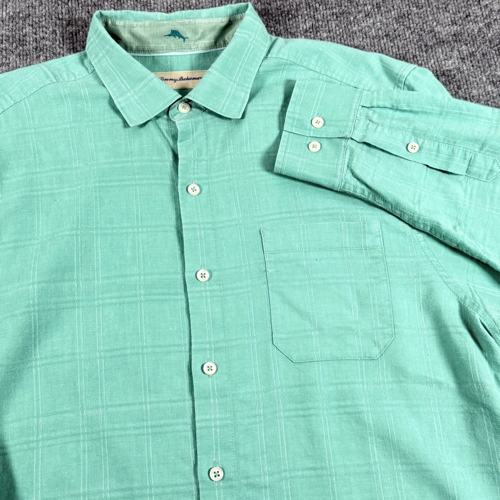 Tommy Bahama Shirt Mens Large Button Up Linen Blend Roll Tab Sleeves Casual