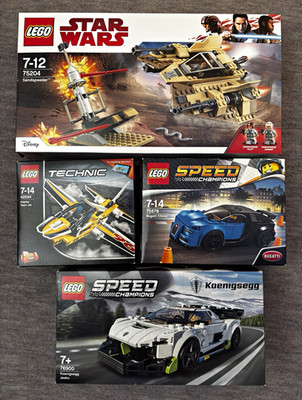 4x LEGO Leerkarton   Star Wars 75204, Bugatti 75878, Technic 42044, 76900