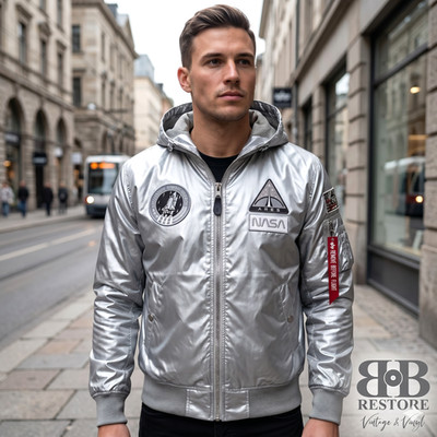 Original ALPHA INDUSTRIES Astronauten NASA Jacke Silber M neuwertig