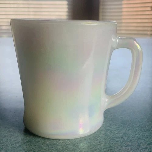 Anchor Hocking Fire-King Vintage Iridescent “D” Handle Milk Glass Coffee Mug