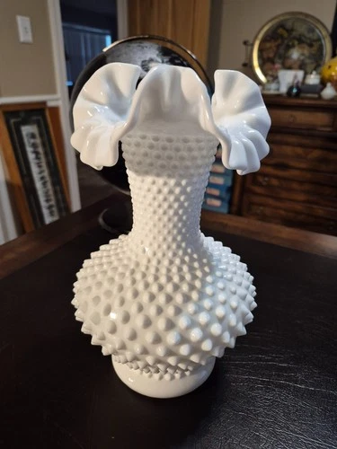 Vintage Fenton Milk Glass Hobnail Vase 11” White Ruffled Crimped Edge EXC