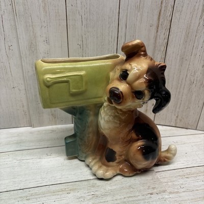 Vintage Adorable Ceramic Puppy Dog US Mail Mailbox Planter 8''