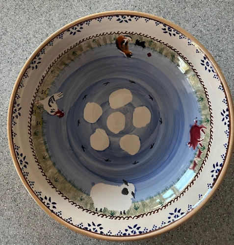 Vintage NICHOLAS MOSSE  country bowl, rare LANDSCAPE motif 10 1/4", farm animals