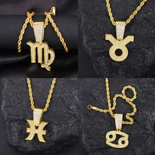 12 ZODIAC SIGN SYMBOL Iced Cubic Zirconia Pendant & Rope Chain Bling Necklace