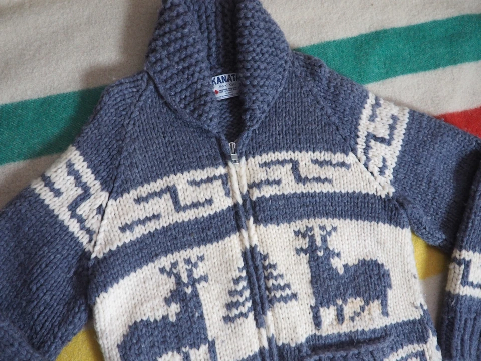 VTG 70s 80s Kanata Gray Cream Deer Wool Full Zip Heavy Cowichan Sweater M - Image 2 of 4