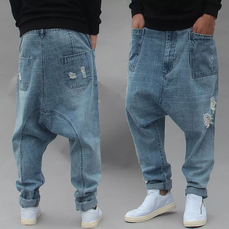 New Mens Baggy Denim Harem Pants Drop Crotch Skinny Jeans Loose Casual Trousers