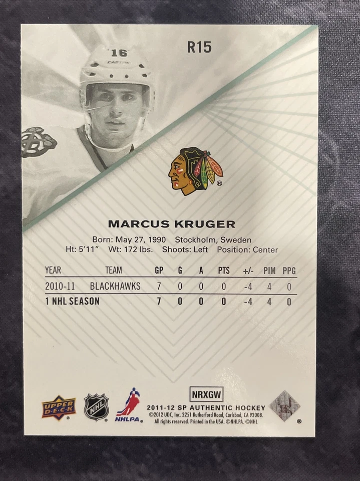 2011-12 SP Authentic Rookie Extended R15 Marcus Kruger Chicago Blackhawks  - Image 2 of 2