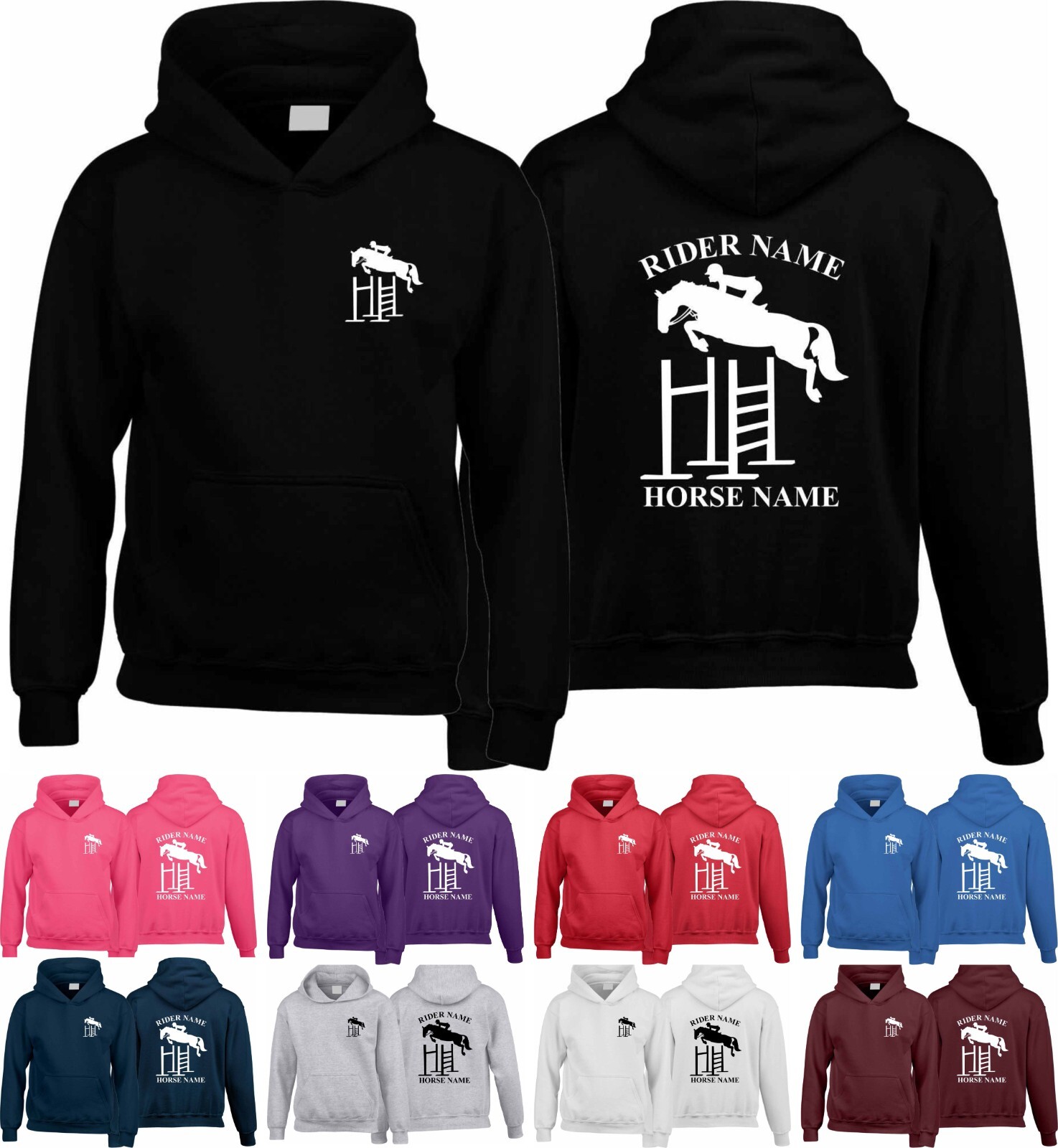 FELPA CON CAPPUCCIO PERSONALIZZATA CAVALIERE DRESSAGE EQUESTRE PONY FANTINO UNISEX REGALO DI NATALE