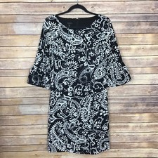 Talbots Dress Womens 2 Black Paisley Shift Bell Sleeve Scoop Neck 3/4 Sleeve