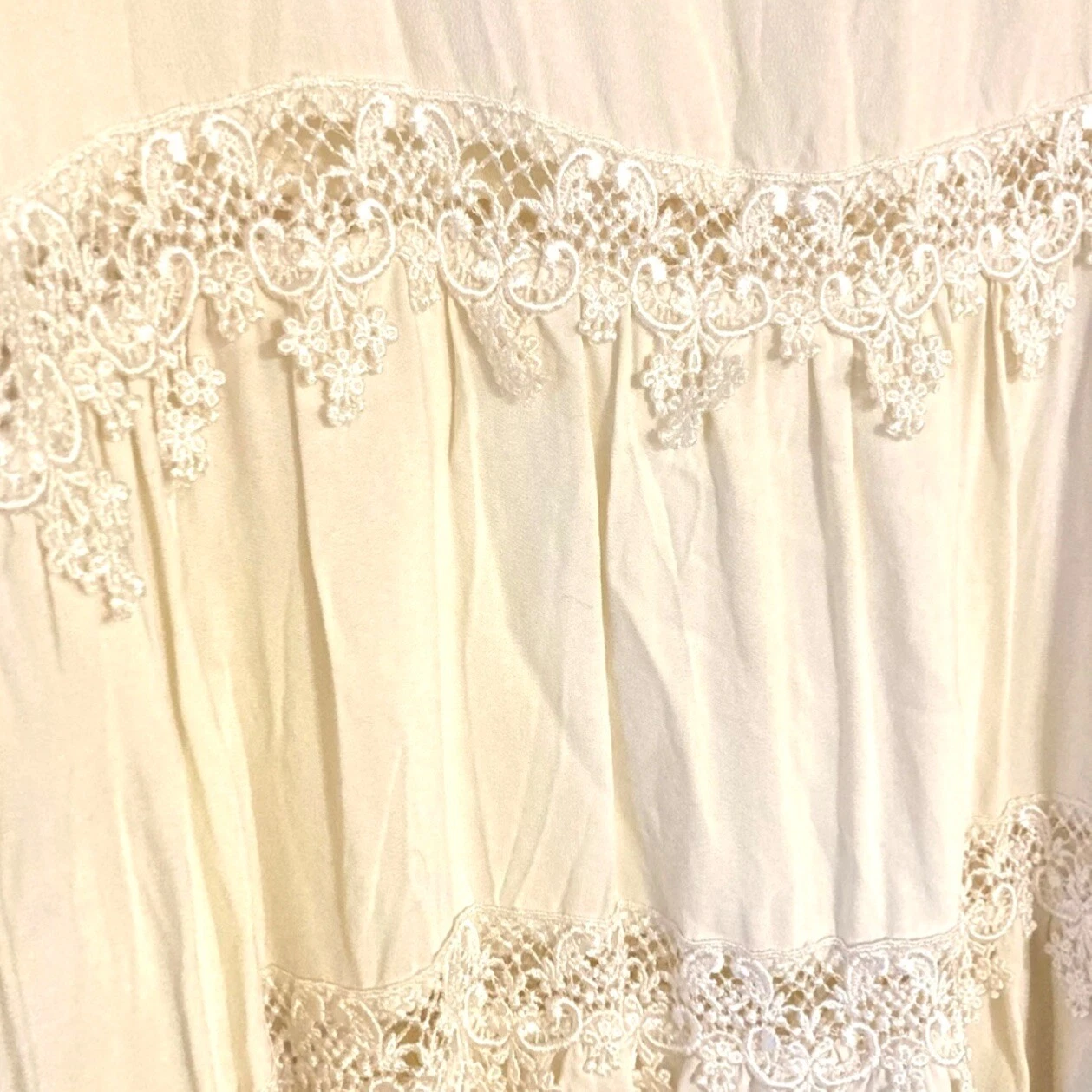 OFF WHITE Rona Vintage Hippie Fluido Mini Abito Off Bianco Pizzo Boho 1999 Y2K