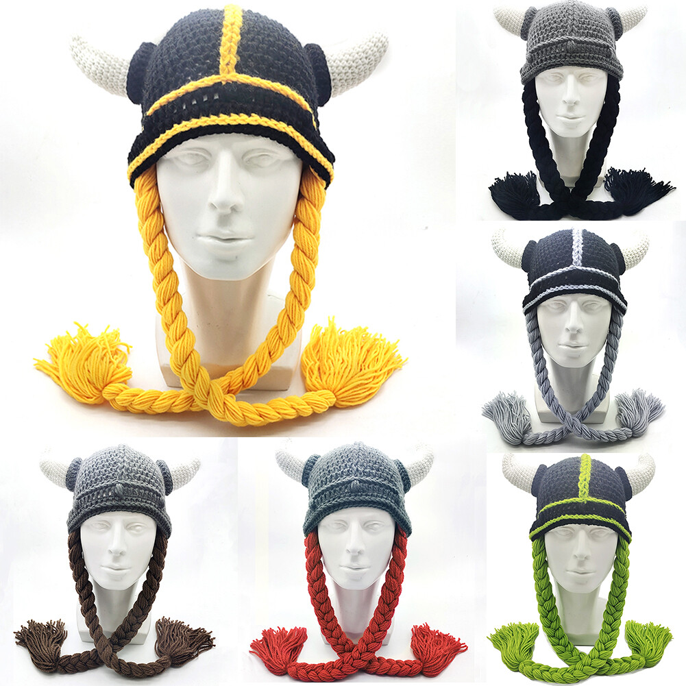 Viking Horn Hat with Braids For Adult Women Men Viking Helmet