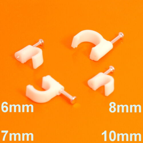 100 x clips de câble électrique rond en plastique blanc de qualité 6 mm 7 mm 8 mm 10 mm clou - Photo 1/5