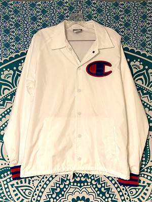 Champion Men's Packable Jacket Windbreaker Button Up Large Logo White Size Med