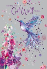 Get Well Soon Card. Cherry Orchard. Floral flowers modern beautiful Hummingbird