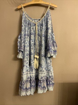 Lady Queen Paris wunderschönes Boho Sommerkleid mit blauem Print - Einheitsgröße 