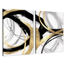 Abstract Black and Gold Wall Art Set of 2 11x14 Inches Framed- Modern Black G...